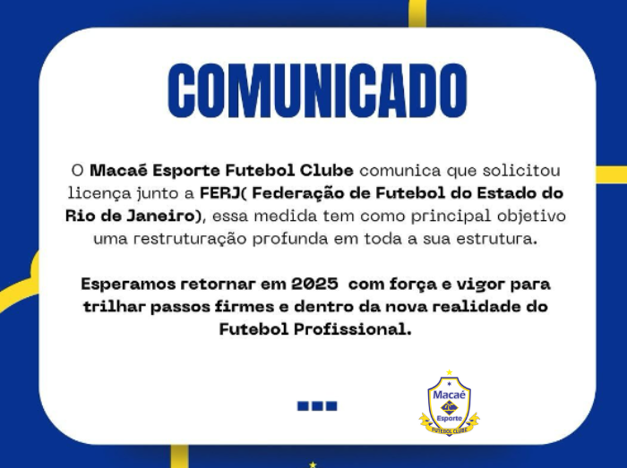 Macaé Esporte só voltará as suas atividades em 2025