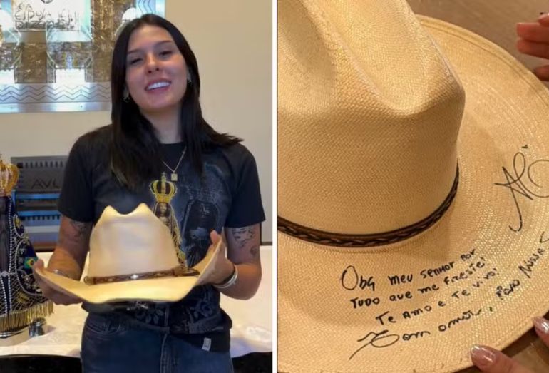 Ana Castela doa chapéu do início da carreira ao Santuário de Aparecida