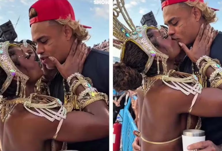 MC Cabelinho e Carol Macharette, musa da Viradouro, oficializam namoro com beijão na Sapucaí