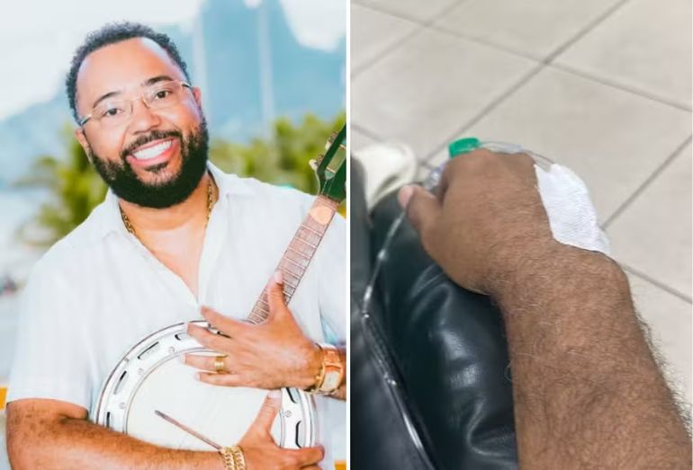 Close na mão do cantor Dudu Nobre com acesso venoso para medicação, em um leito de hospital.