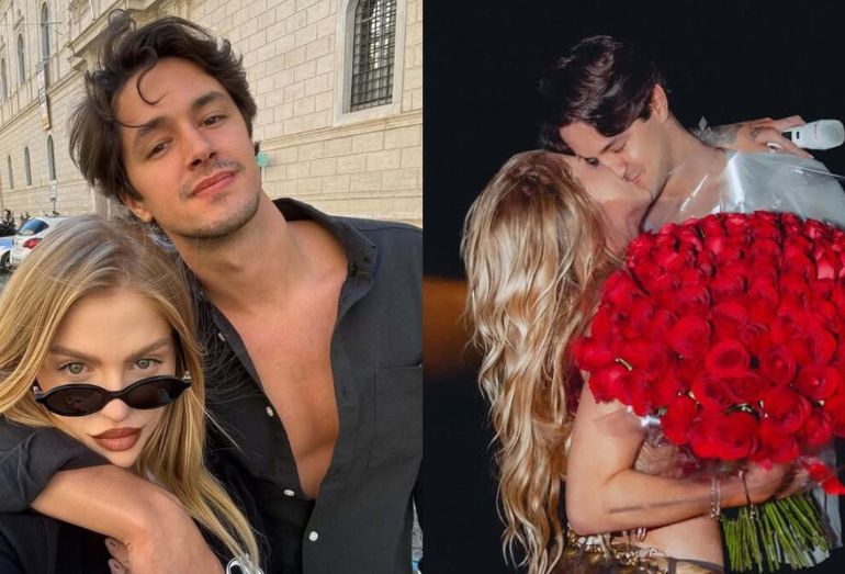 Luísa Sonza sorrindo e segurando um buquê de rosas vermelhas ao lado de seu namorado, o português Luis Ribeirinho.