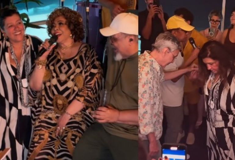 Regina Casé dançando em sua cobertura no Leblon ao lado de Thiaguinho, Alcione e Jorge Aragão em uma roda de samba