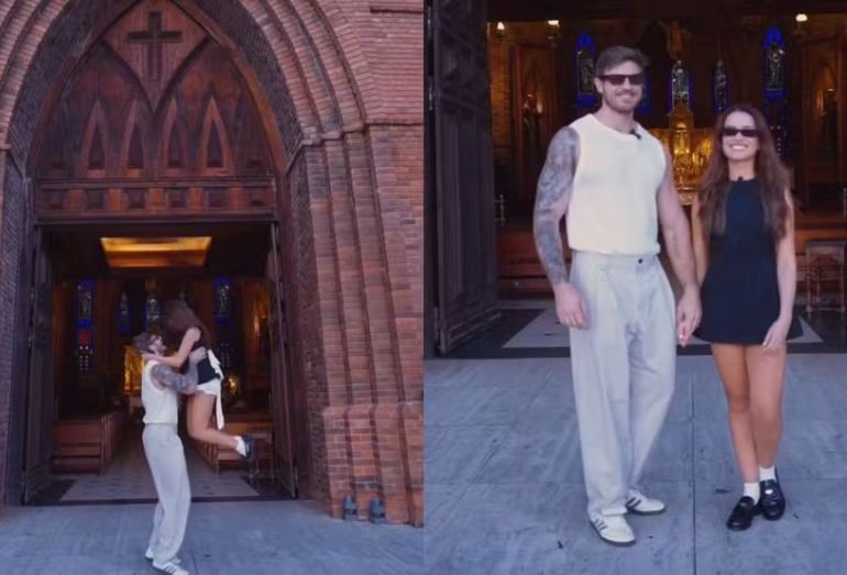 Juliette e Kaique Cerveny sorridentes, abraçados, em um vídeo descontraído; ela usa um look casual e ele aparece acariciando a barriga dela em tom de brincadeira antes do anúncio.